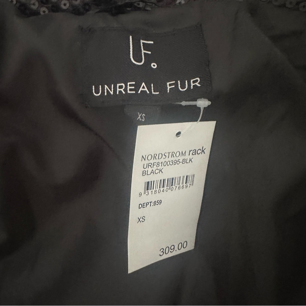 NWT Unreal Fur Black Sequin Puffer Jacket Front Zip High Collar Sz XS - Picture 14 of 16